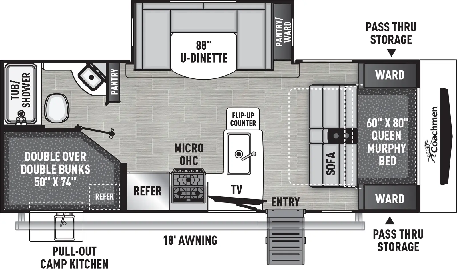 The 238BHS has one slideout and one entry. Exterior features front pass-thru storage, 18 foot awning, and pull-out camp kitchen with refrigerator. Interior layout front to back: queen murphy bed sofa with wardrobes on each side; off-door side slideout with pantry/wardrobe, and u-dinette, and pantry along inner wall; door side entry, and peninsula kitchen counter with flip-up counter and sink wraps to door side with TV above, microwave, cooktop, and refrigerator; rear off-door side full bathroom; rear door side double over double bunks.